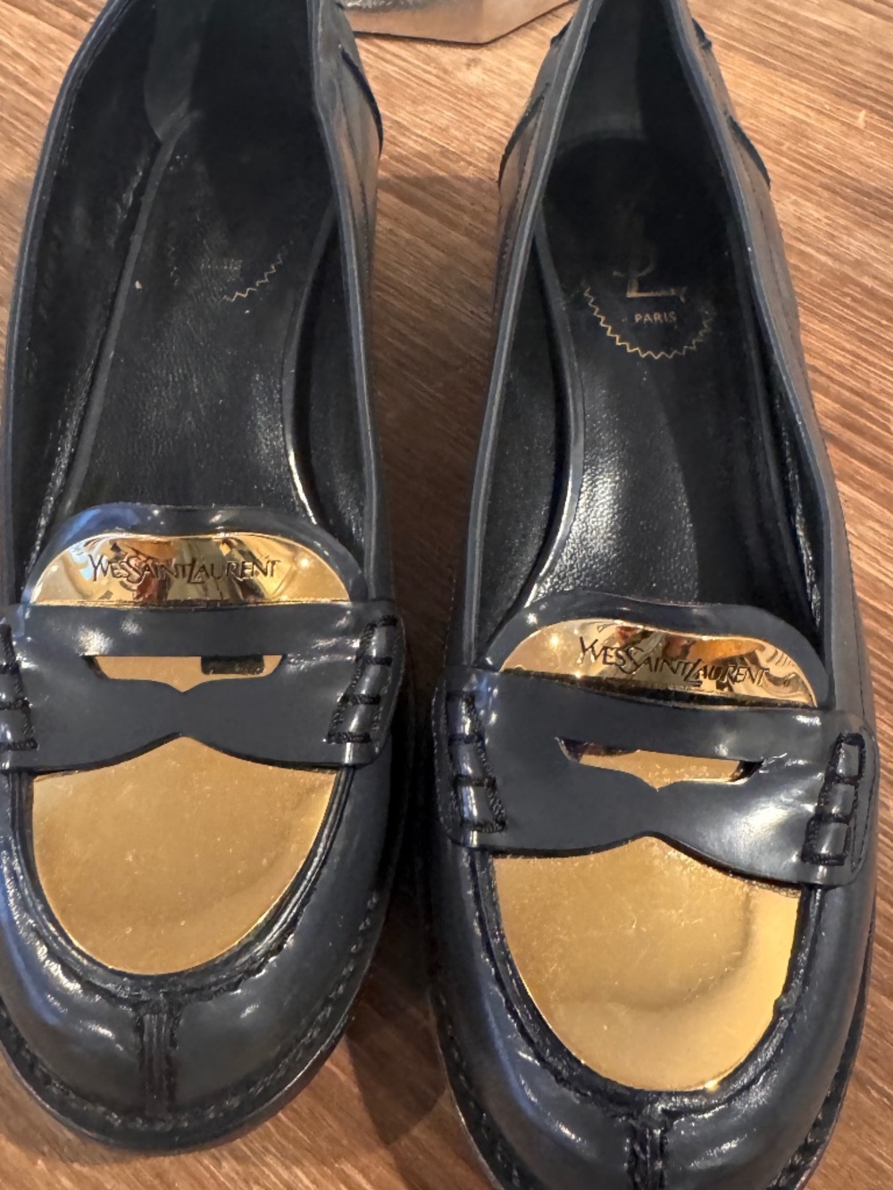 Yves Saint Laurent Grey and Gold Loafers